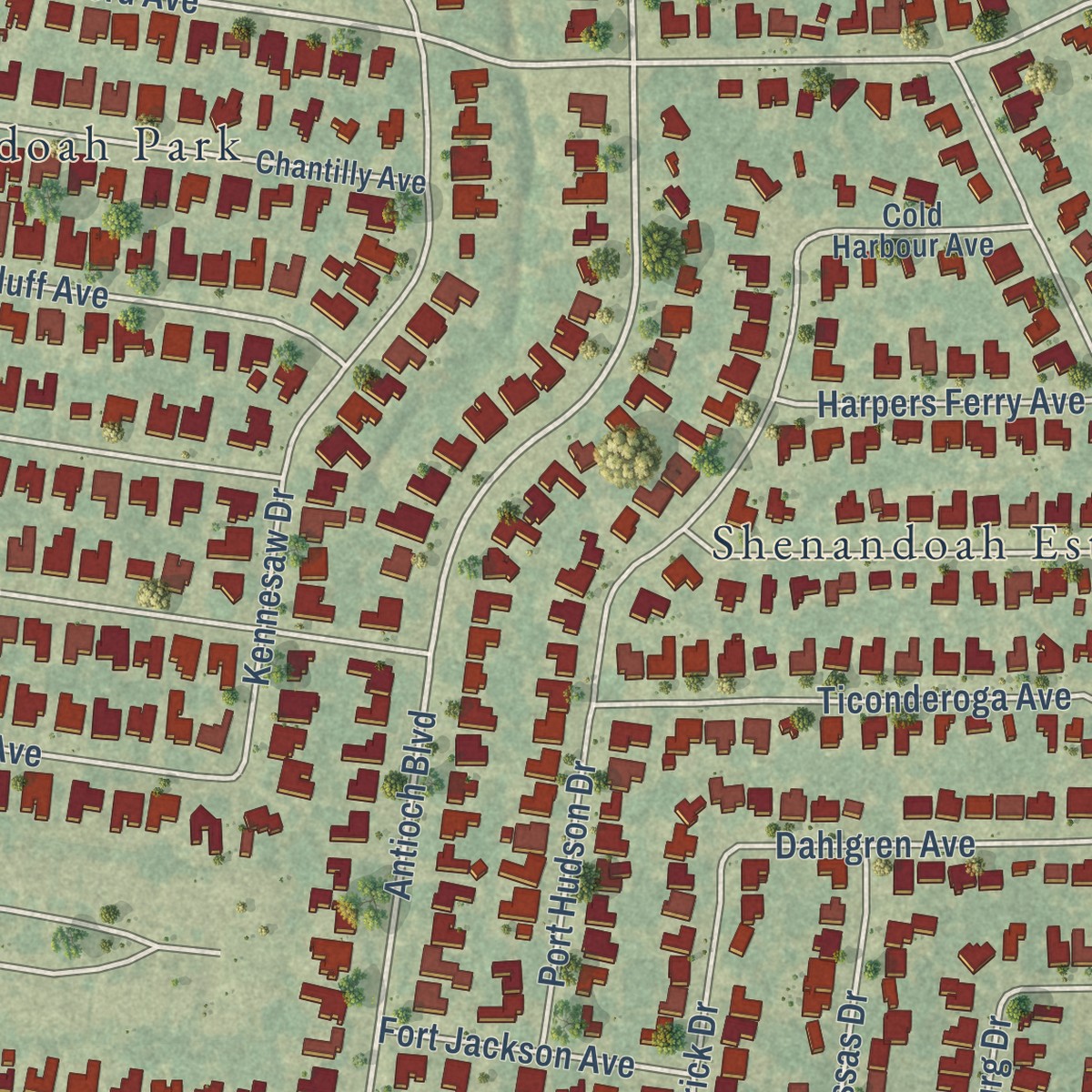 Second close-up of the map of Shenandoah, Louisiana print showing more streets and buildings