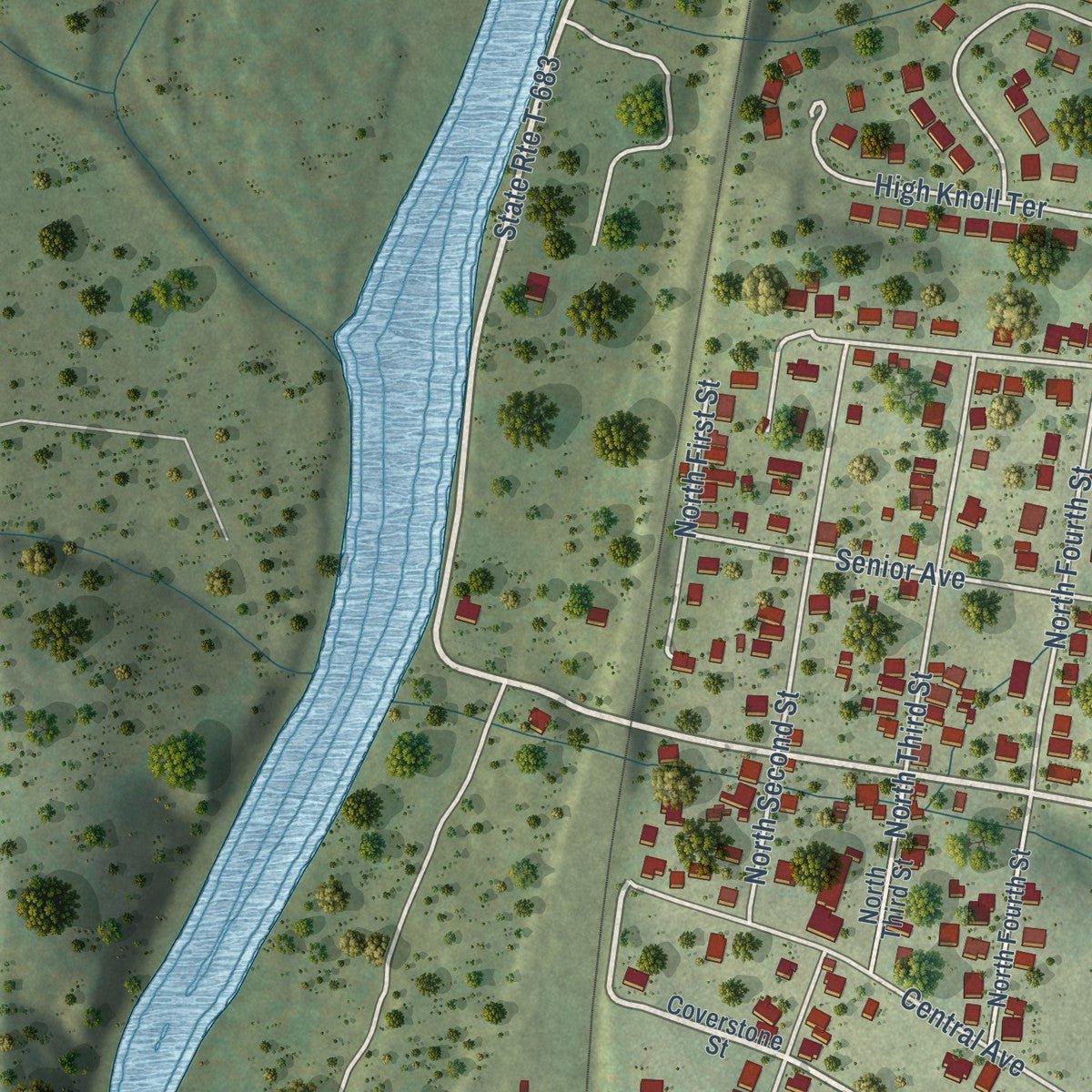 Second close-up of the map of Shenandoah, Virginia print showing more streets and buildings