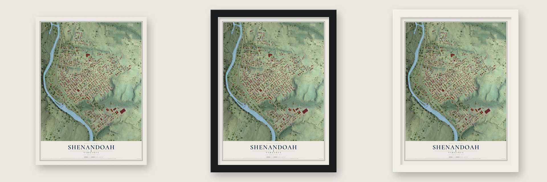 Shenandoah, Virginia map unframed, in a black wood frame and in a white wood frame