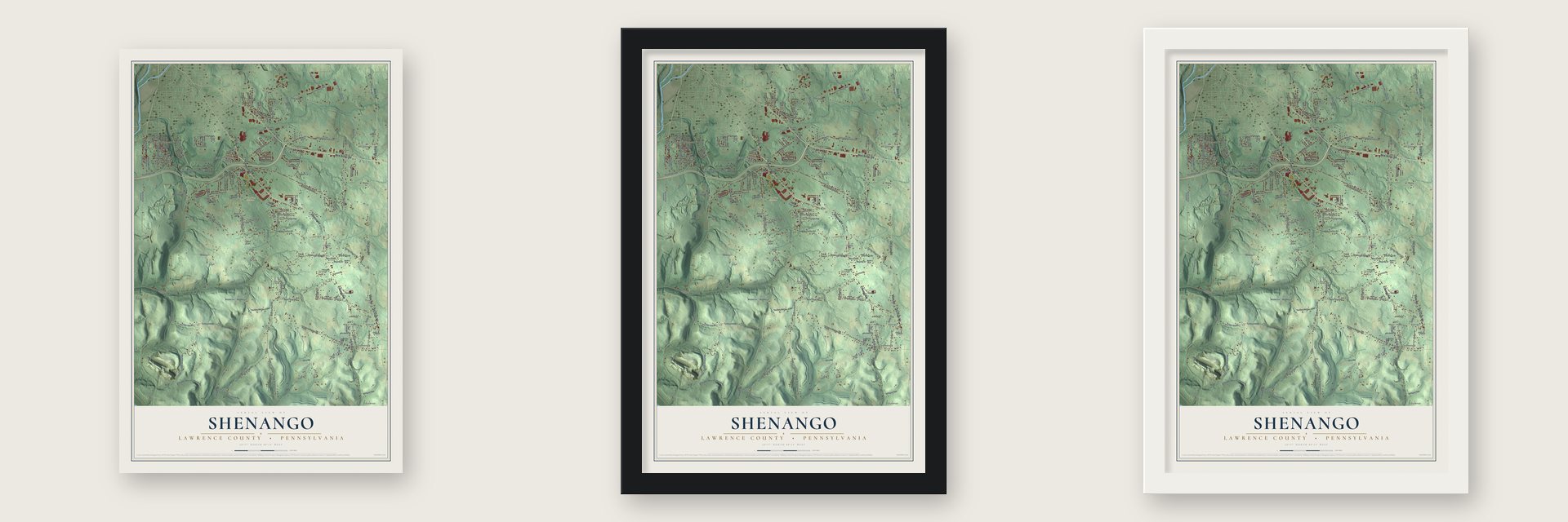 Shenango, Lawrence County, Pennsylvania map unframed, in a black wood frame and in a white wood frame