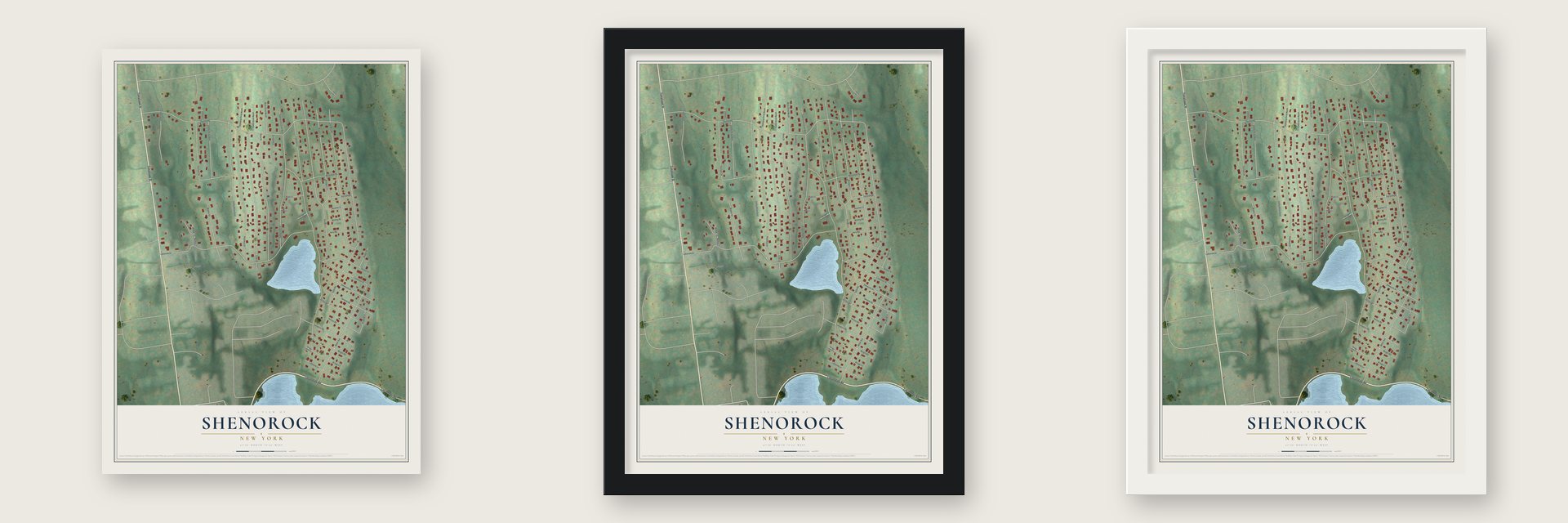Shenorock, New York map unframed, in a black wood frame and in a white wood frame