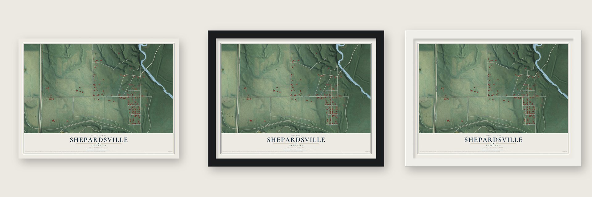 Shepardsville, Indiana map unframed, in a black wood frame and in a white wood frame
