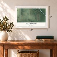 Shepardsville, Indiana map, 12 x 18 inch print in a white frame in an entryway