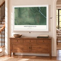 Shepardsville, Indiana map, 24 x 36 inch print in a white frame above a dresser by a staircase