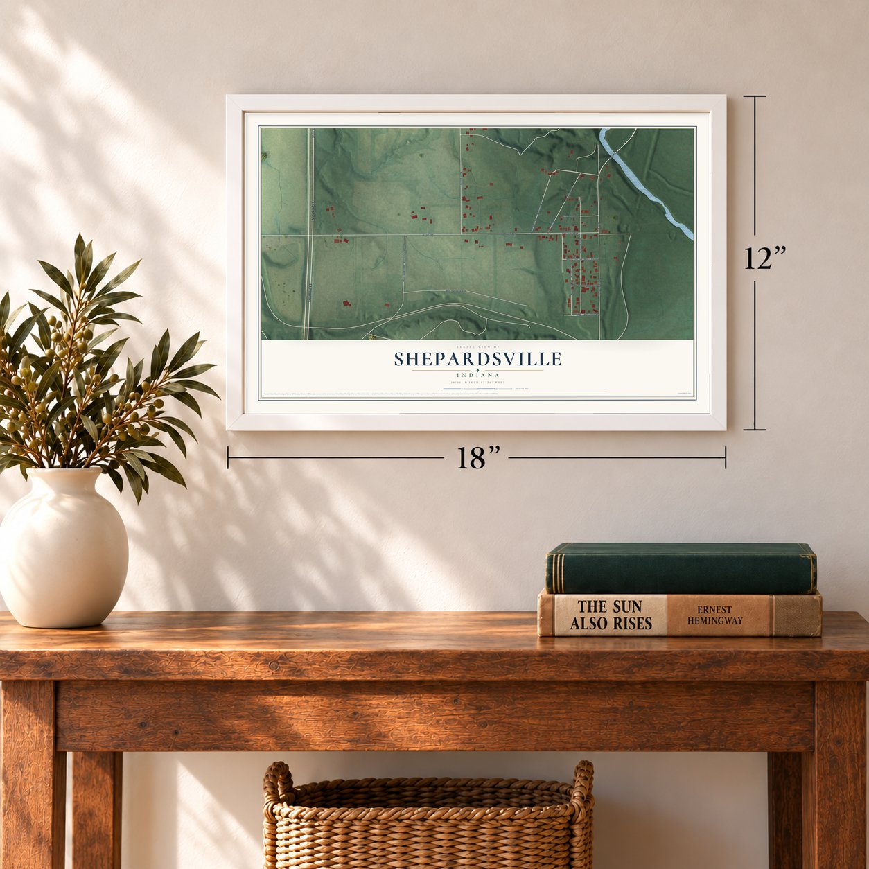 Shepardsville, Indiana map, 12 x 18 inch print in a white frame in an entryway