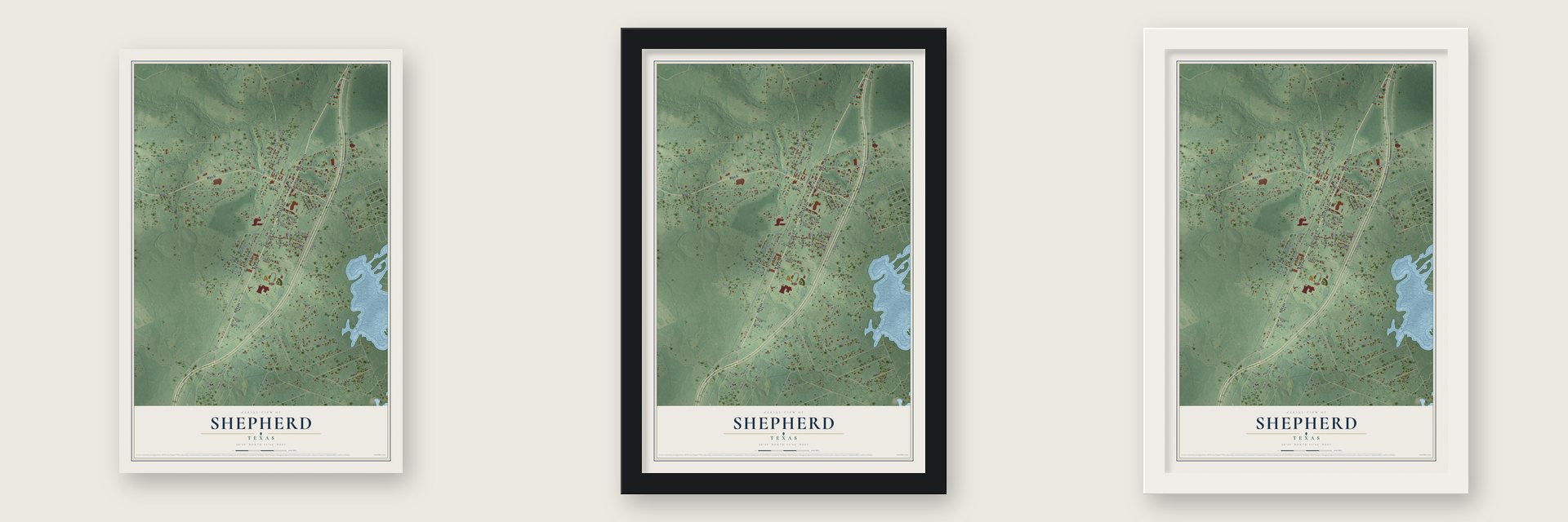 Shepherd, Texas map unframed, in a black wood frame and in a white wood frame