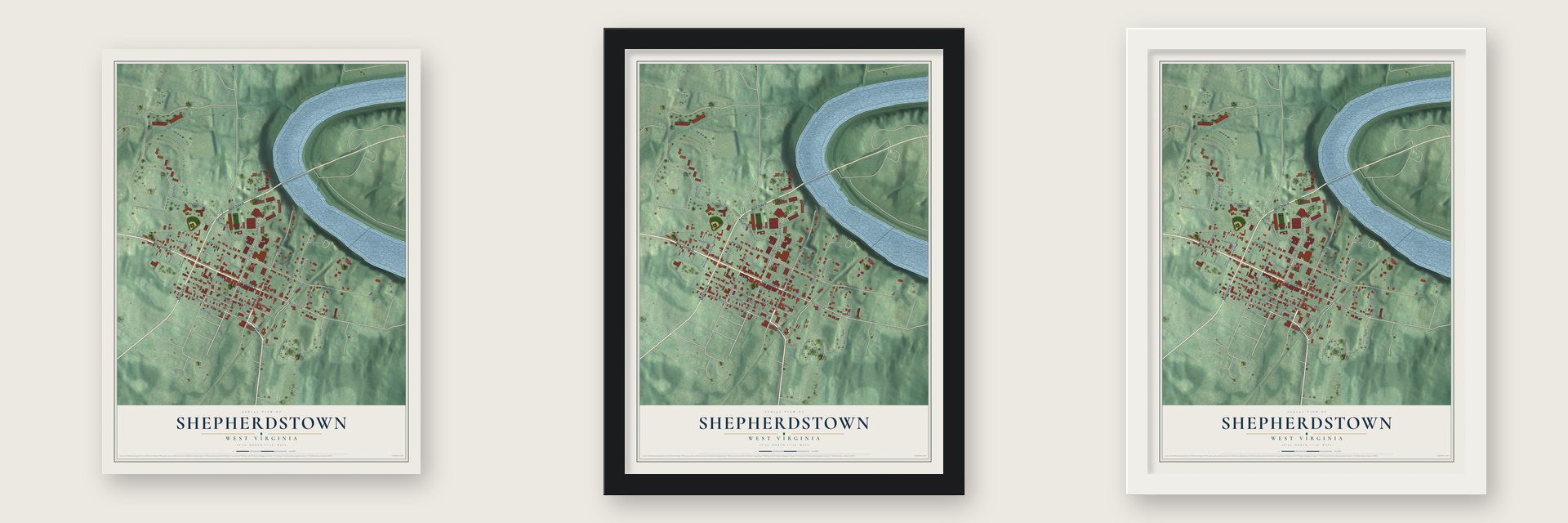 Shepherdstown, West Virginia map unframed, in a black wood frame and in a white wood frame