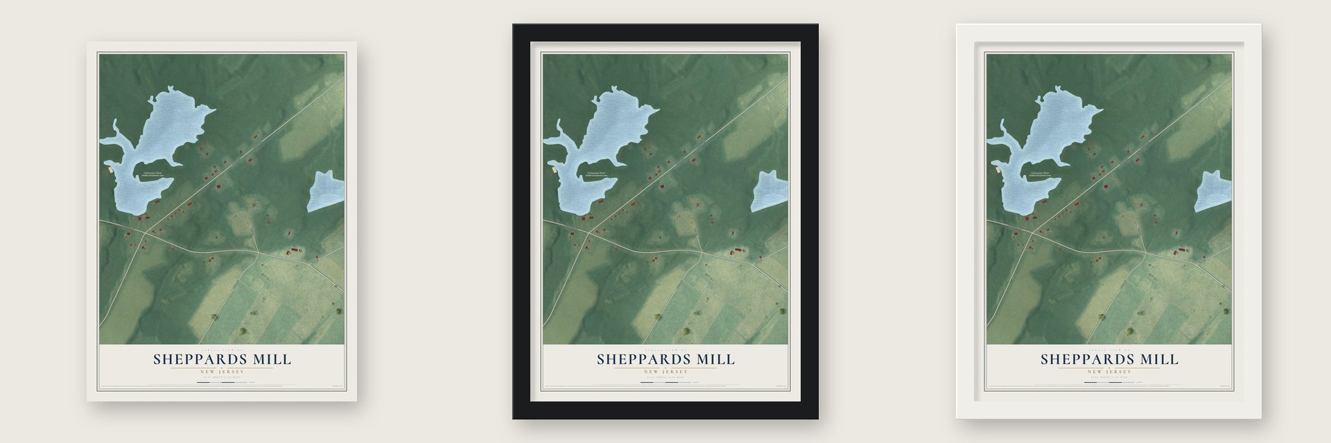 Sheppards Mill, New Jersey map unframed, in a black wood frame and in a white wood frame