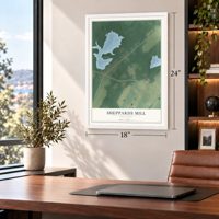Sheppards Mill, New Jersey map, 18 x 24 inch print in a white frame in a home office