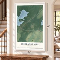 Sheppards Mill, New Jersey map, 24 x 36 inch print in a white frame by a staircase