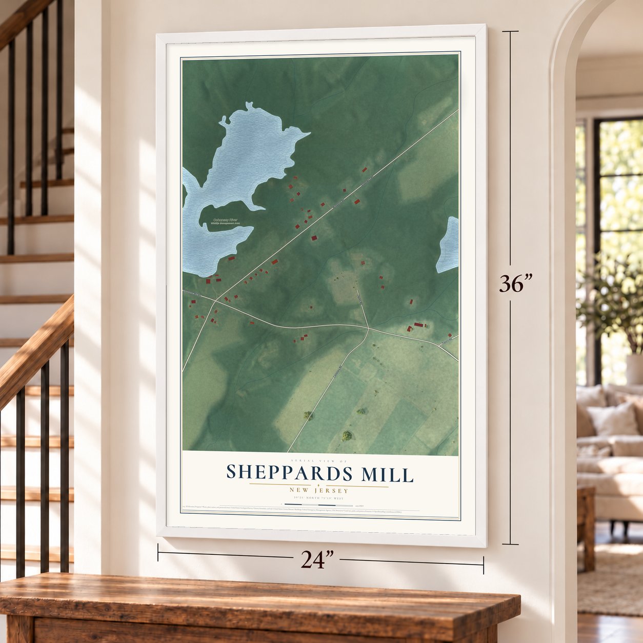 Sheppards Mill, New Jersey map, 24 x 36 inch print in a white frame by a staircase