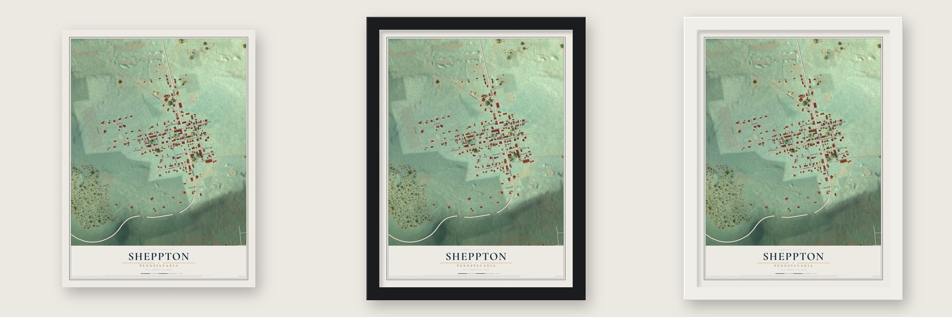 Sheppton, Pennsylvania map unframed, in a black wood frame and in a white wood frame