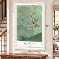 Sheppton, Pennsylvania map, 24 x 36 inch print in a white frame by a staircase