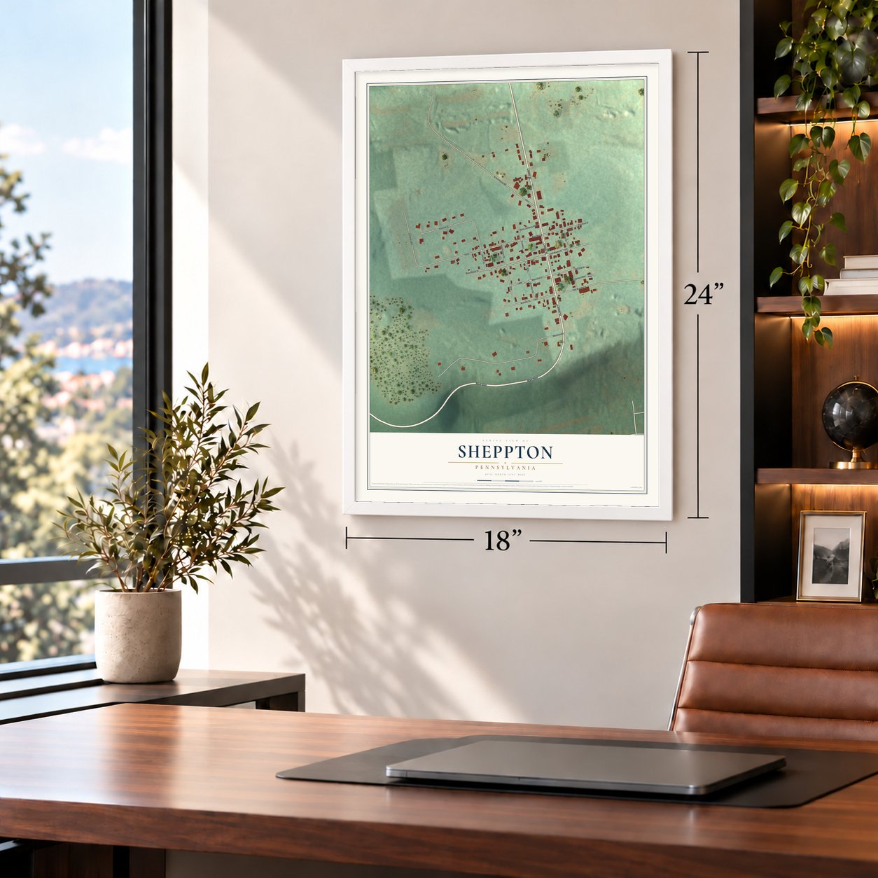 Sheppton, Pennsylvania map, 18 x 24 inch print in a white frame in a home office