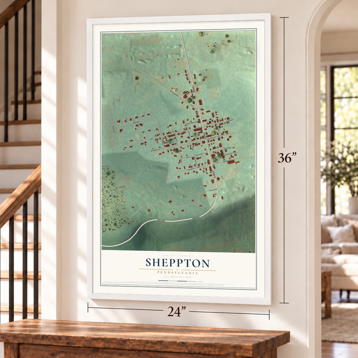 Sheppton, Pennsylvania map, 24 x 36 inch print in a white frame by a staircase