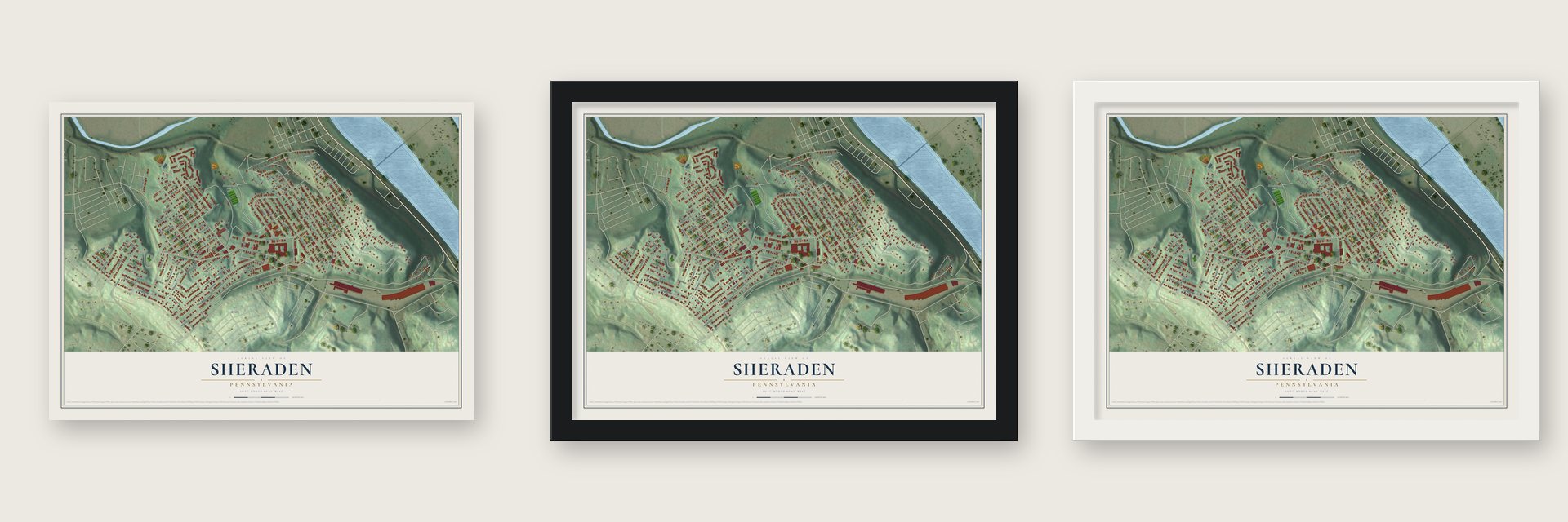 Sheraden, Pennsylvania map unframed, in a black wood frame and in a white wood frame