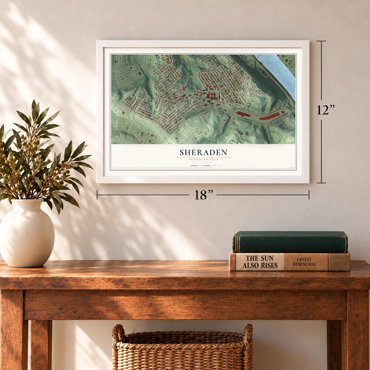 Sheraden, Pennsylvania map, 12 x 18 inch print in a white frame in an entryway