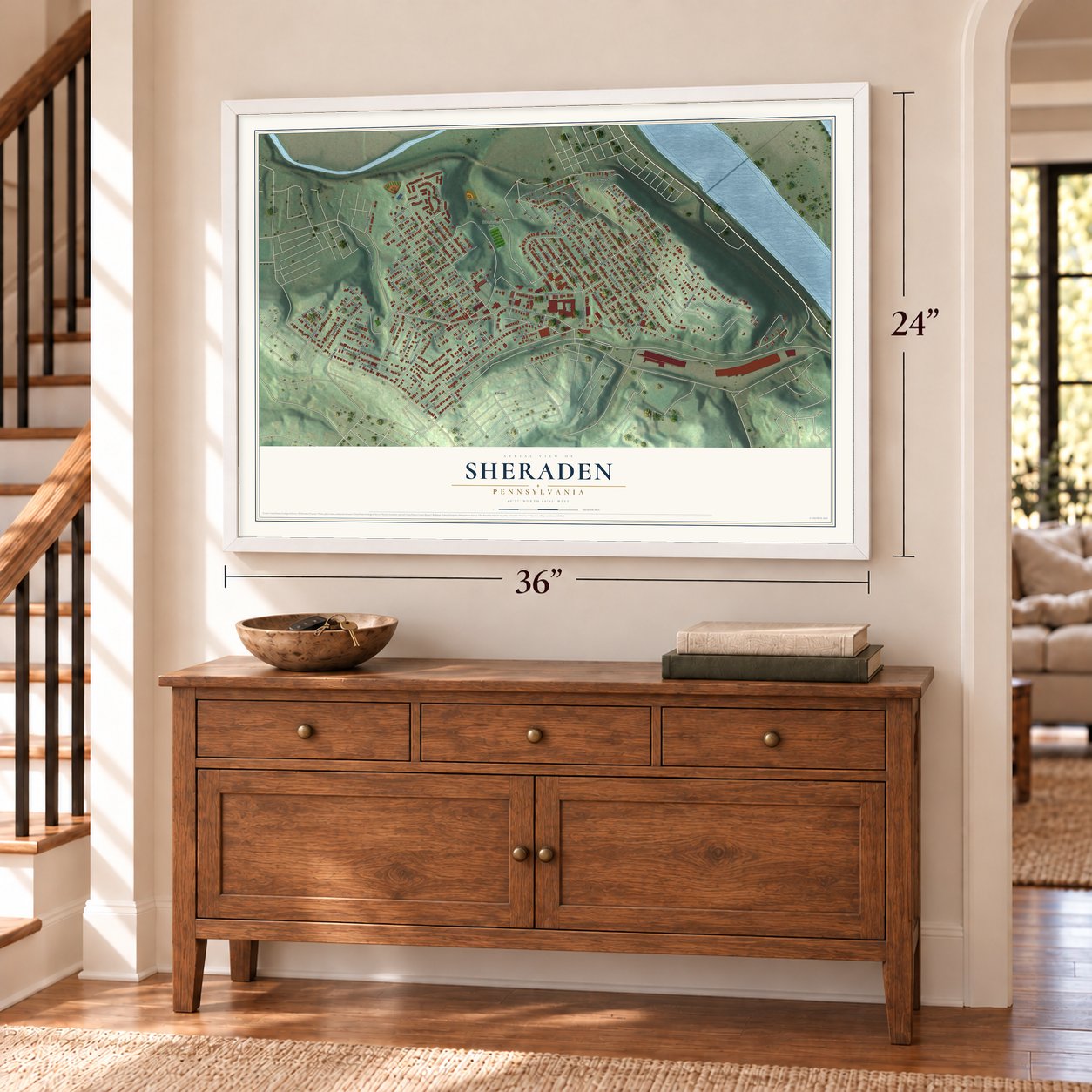 Sheraden, Pennsylvania map, 24 x 36 inch print in a white frame above a dresser by a staircase