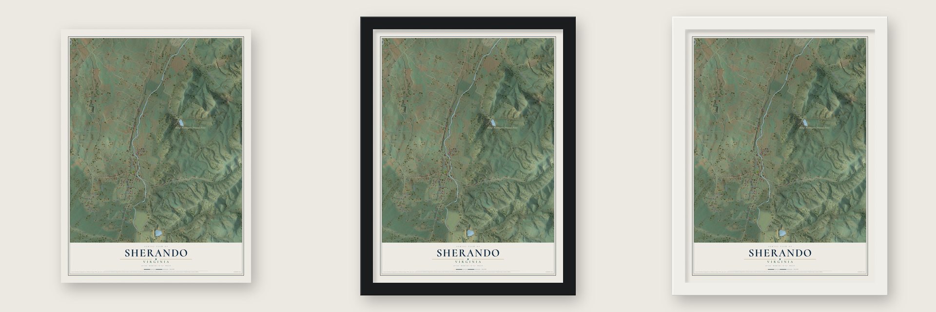 Sherando, Virginia map unframed, in a black wood frame and in a white wood frame