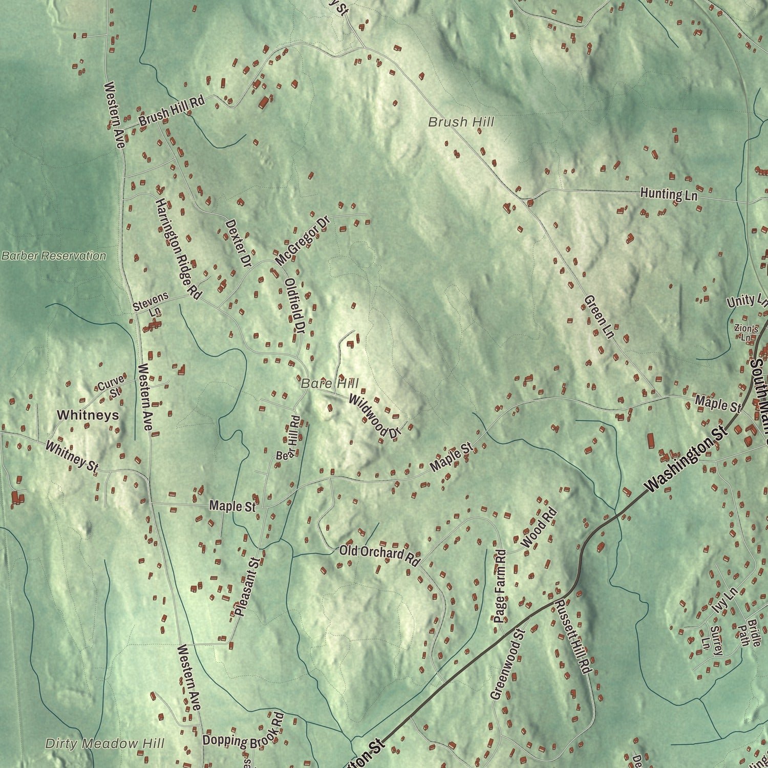 Close-up of the map of Sherborn, Massachusetts print showing terrain and local geography