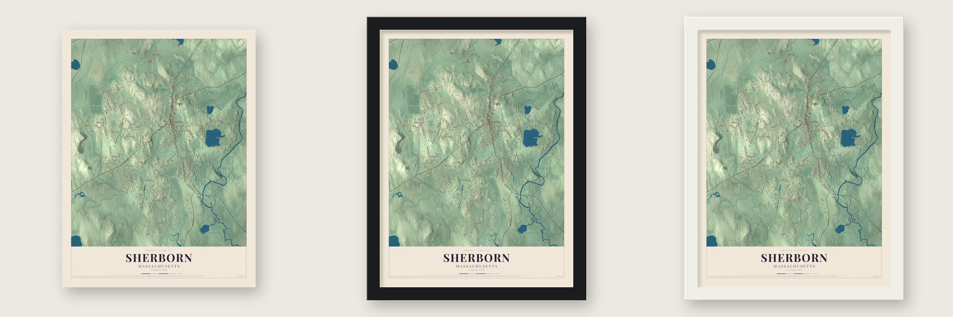 Sherborn, Massachusetts map unframed, in a black wood frame and in a white wood frame