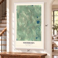 Sherborn, Massachusetts map, 24 x 36 inch print in a white frame by a staircase