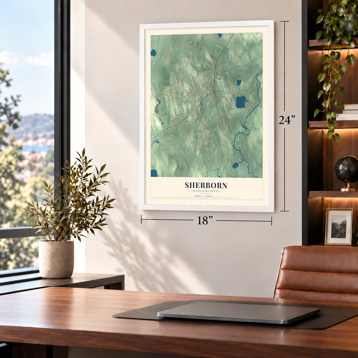 Sherborn, Massachusetts map, 18 x 24 inch print in a white frame in a home office