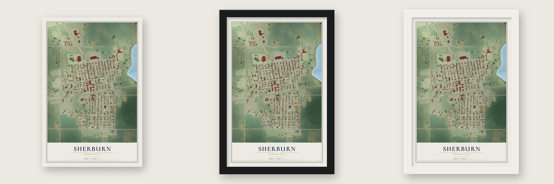 Sherburn, Minnesota map unframed, in a black wood frame and in a white wood frame