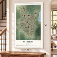 Sherburn, Minnesota map, 24 x 36 inch print in a white frame by a staircase