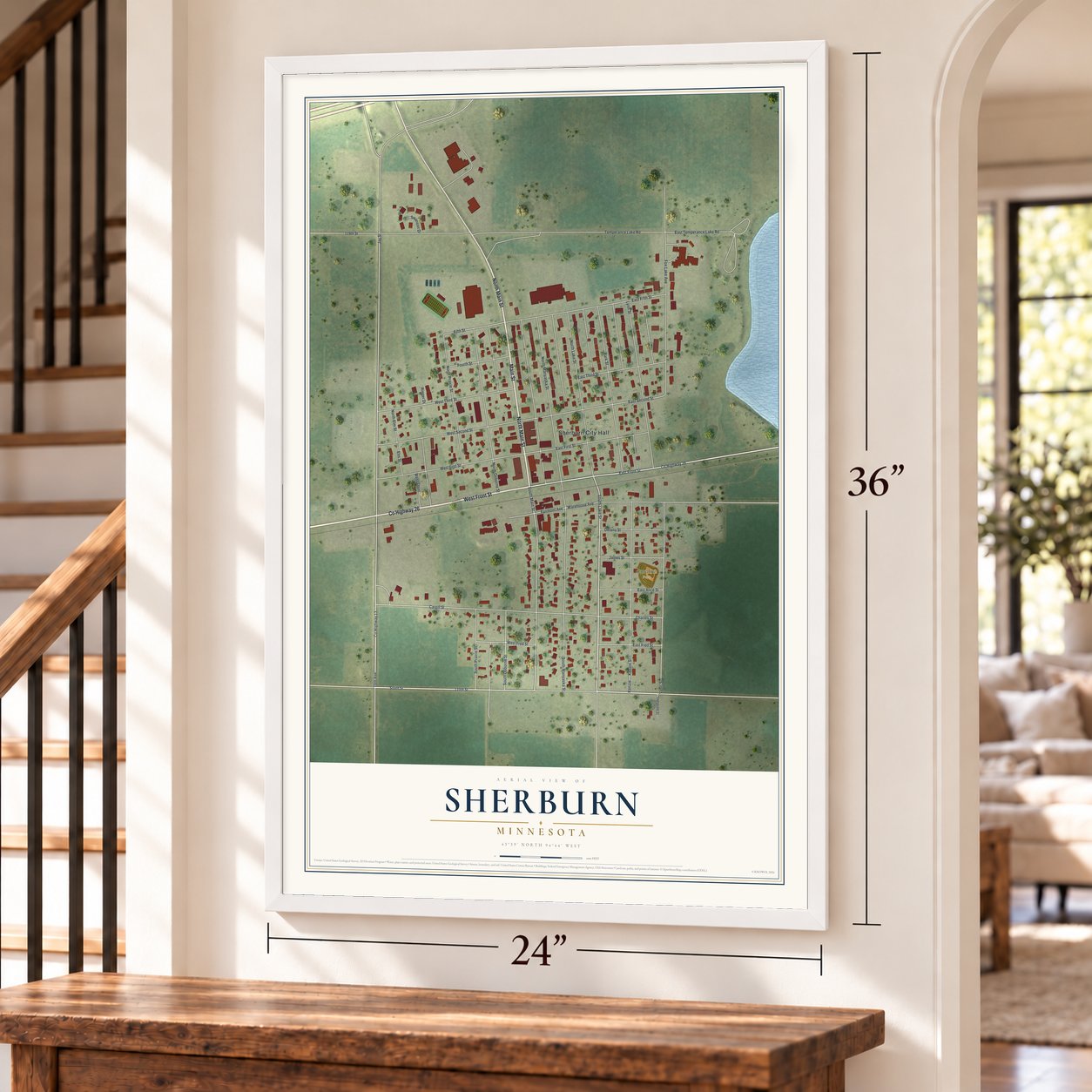 Sherburn, Minnesota map, 24 x 36 inch print in a white frame by a staircase