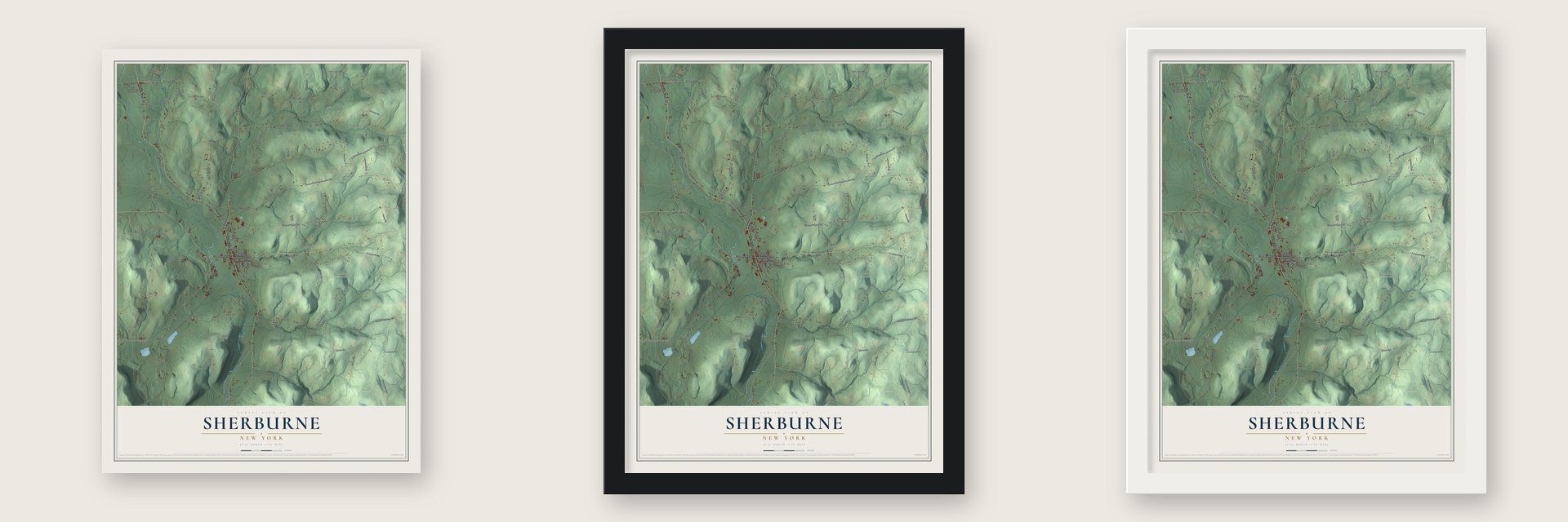 Sherburne, New York map unframed, in a black wood frame and in a white wood frame