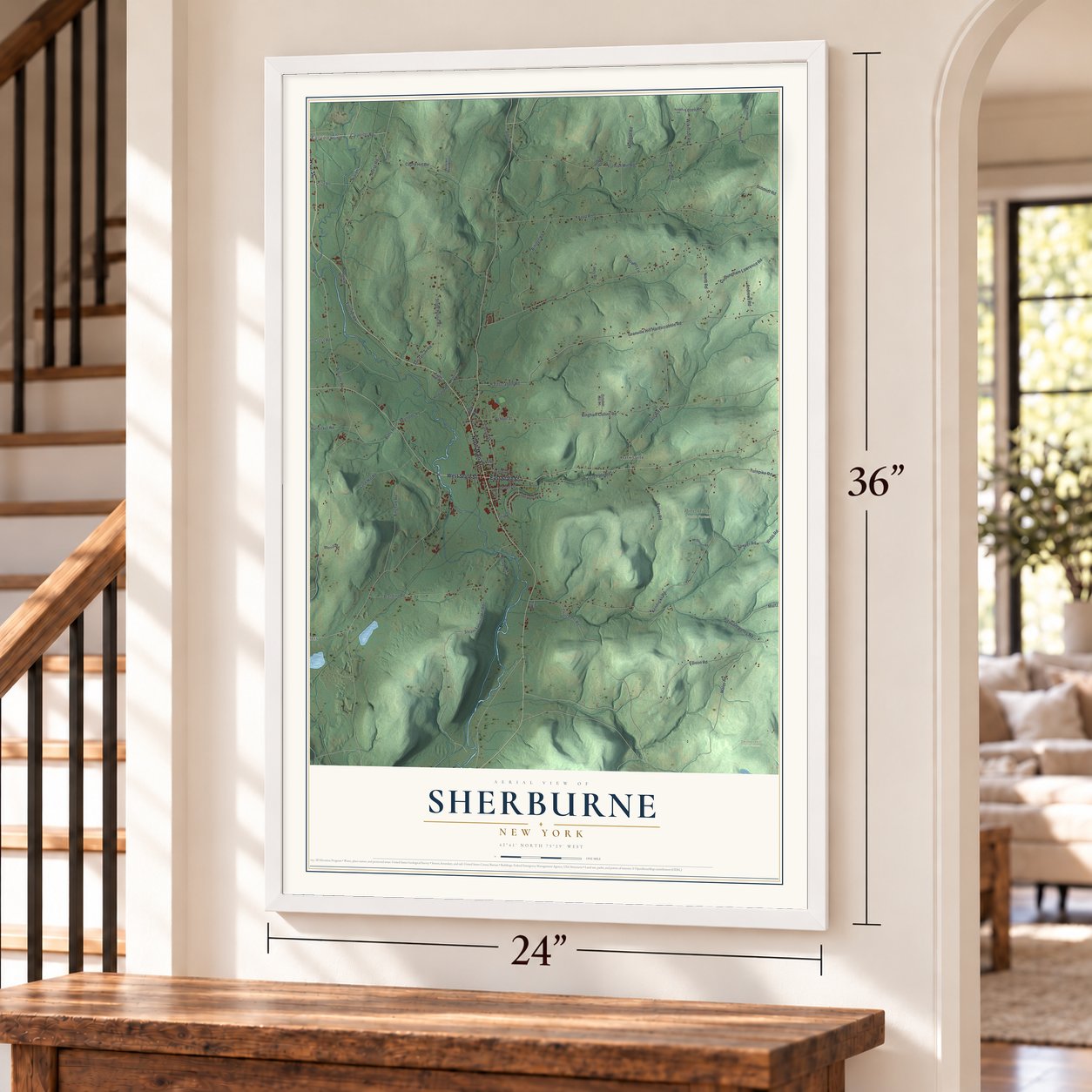 Sherburne, New York map, 24 x 36 inch print in a white frame by a staircase