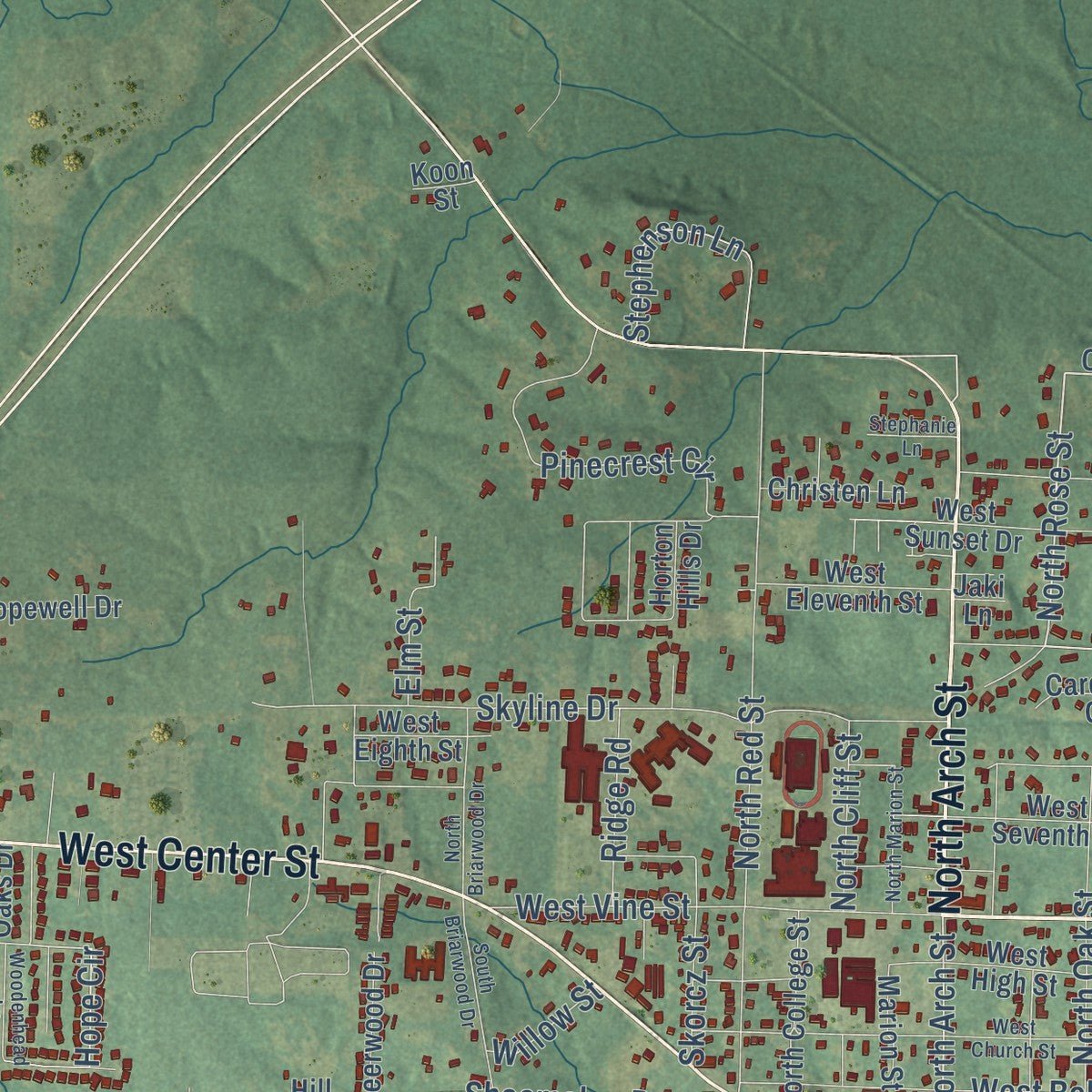 Second close-up of the map of Sheridan, Arkansas print showing more streets and buildings