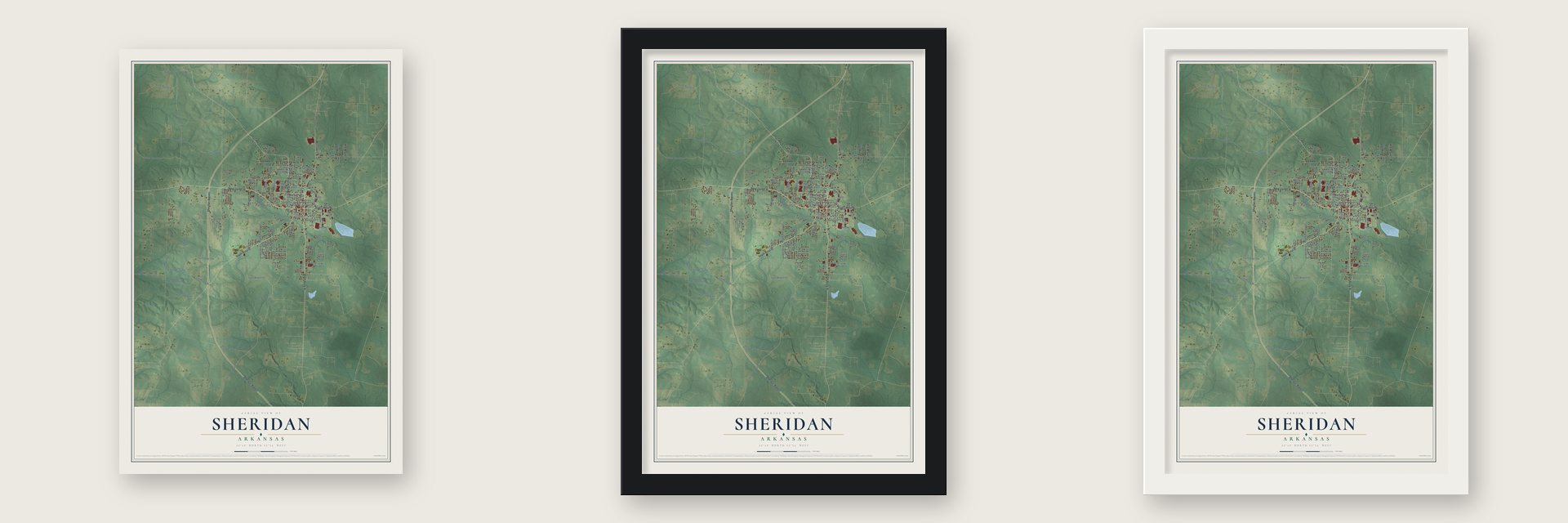 Sheridan, Arkansas map unframed, in a black wood frame and in a white wood frame