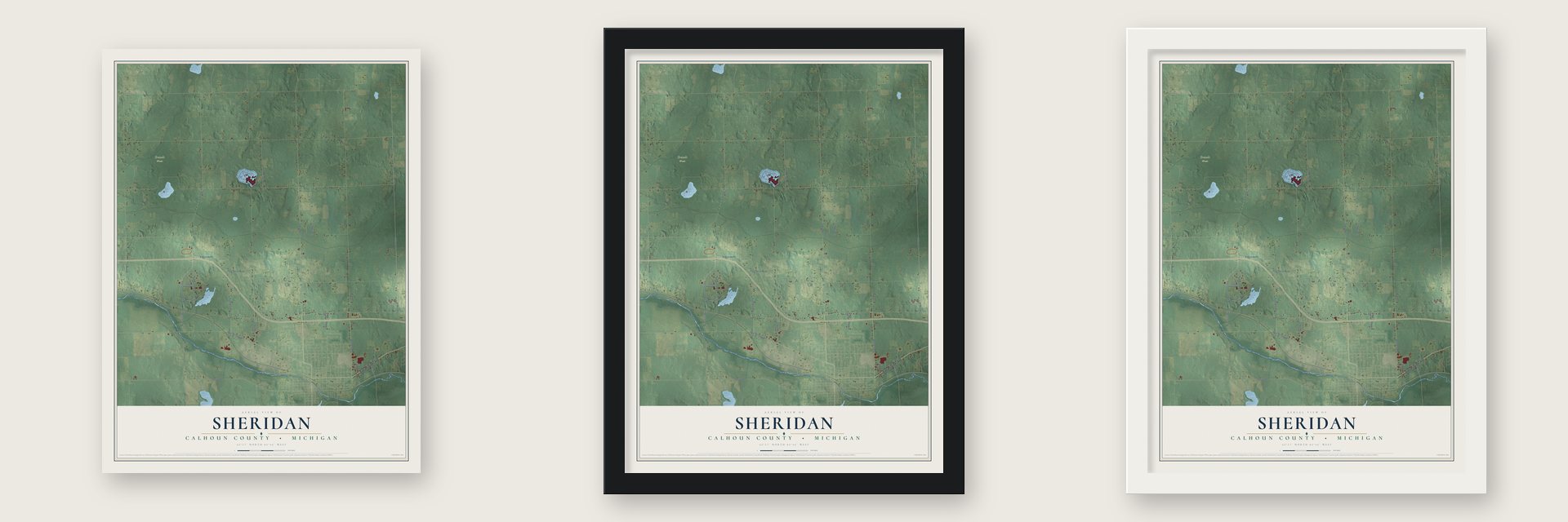 Sheridan, Calhoun County, Michigan map unframed, in a black wood frame and in a white wood frame