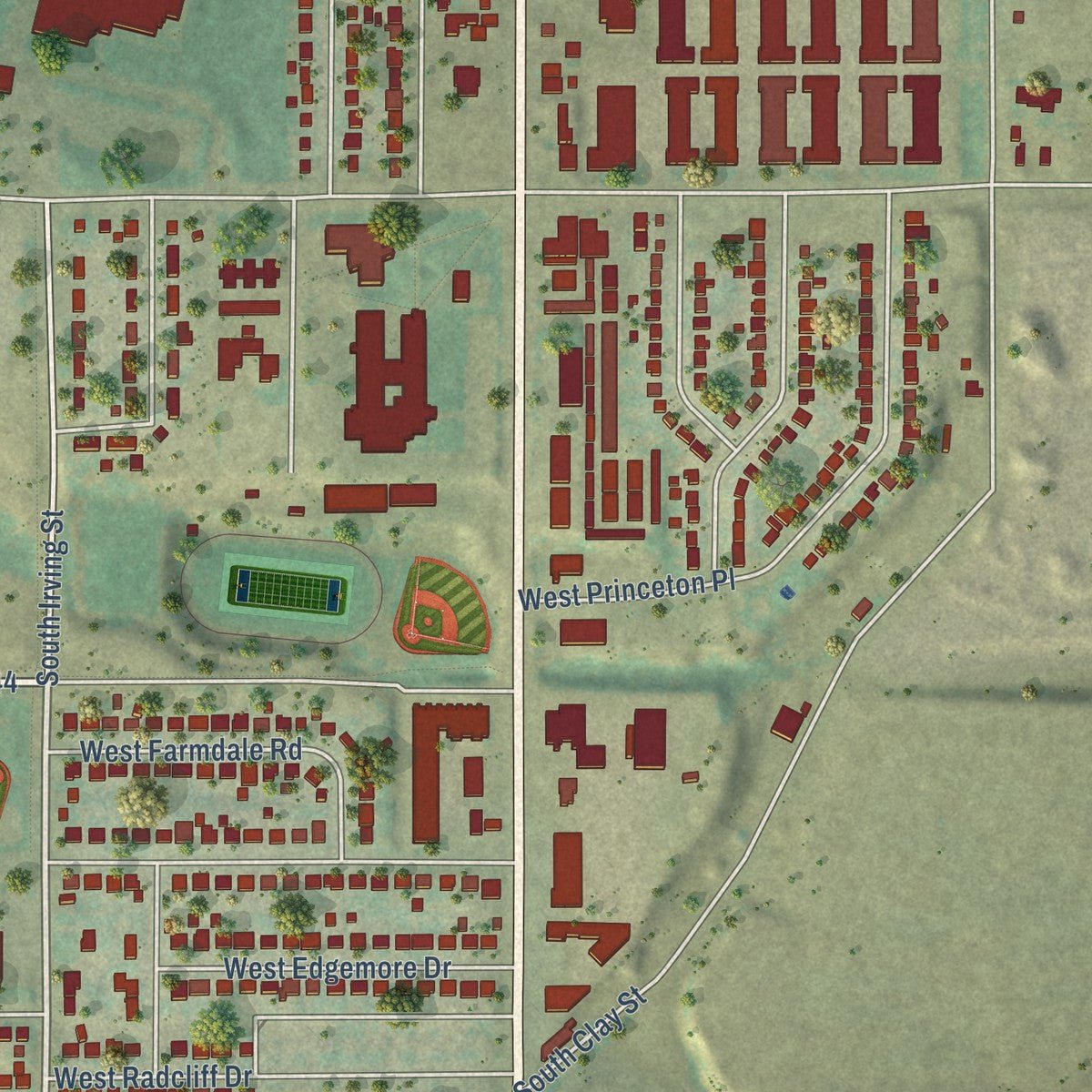 Second close-up of the map of Sheridan, Colorado print showing more streets and buildings