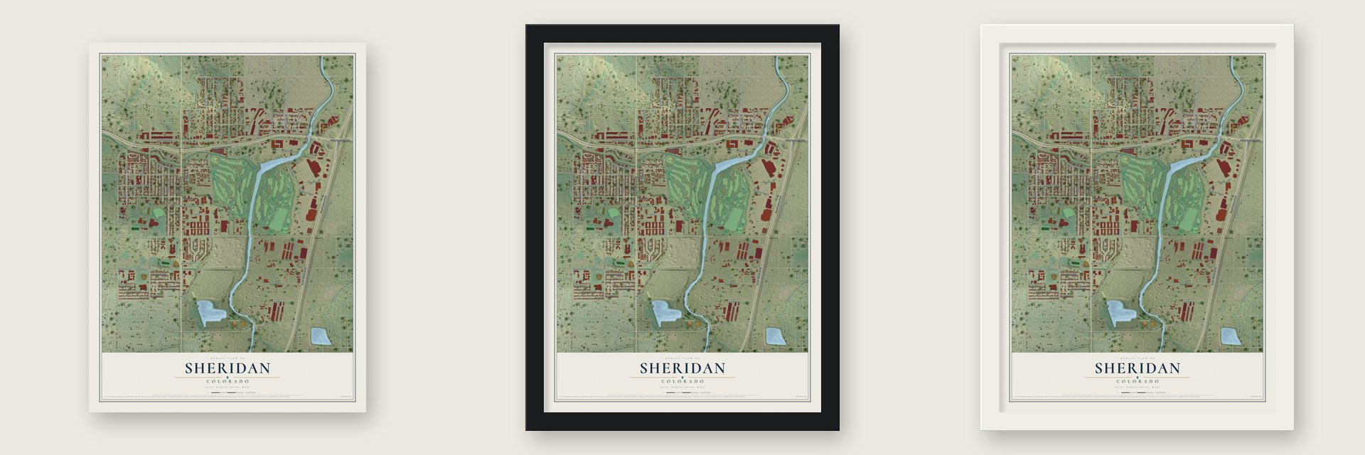 Sheridan, Colorado map unframed, in a black wood frame and in a white wood frame