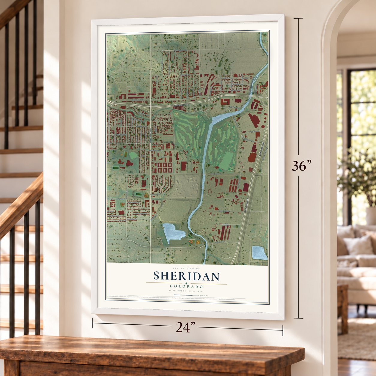 Sheridan, Colorado map, 24 x 36 inch print in a white frame by a staircase