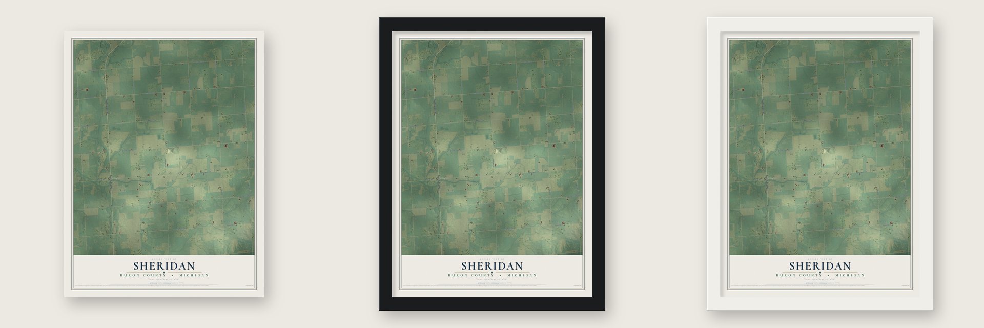 Sheridan, Huron County, Michigan map unframed, in a black wood frame and in a white wood frame