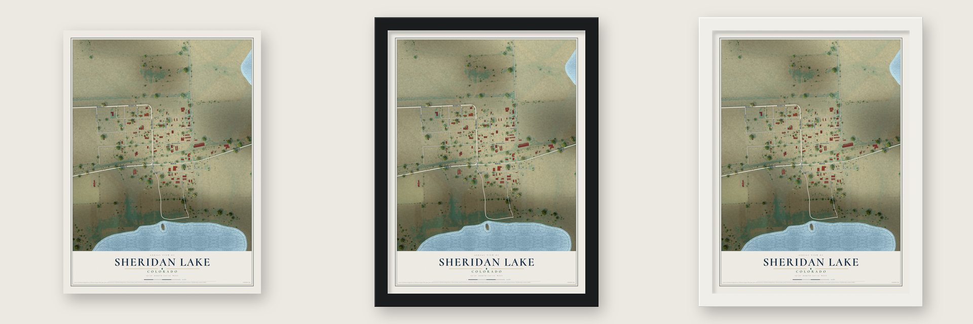 Sheridan Lake, Colorado map unframed, in a black wood frame and in a white wood frame