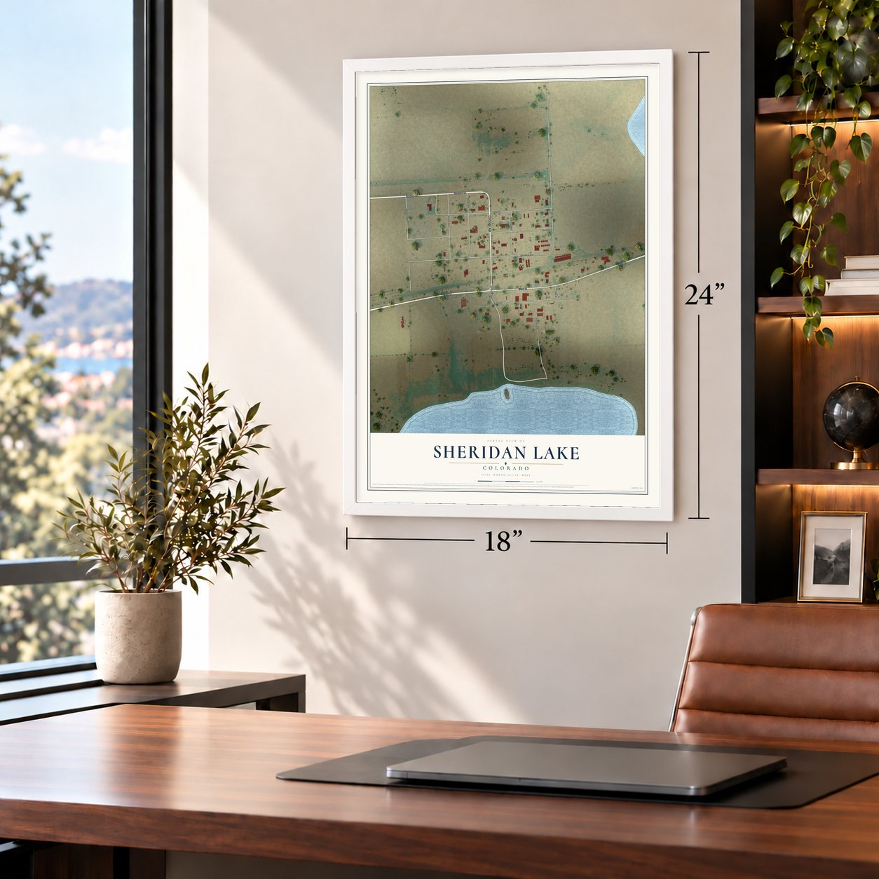 Sheridan Lake, Colorado map, 18 x 24 inch print in a white frame in a home office