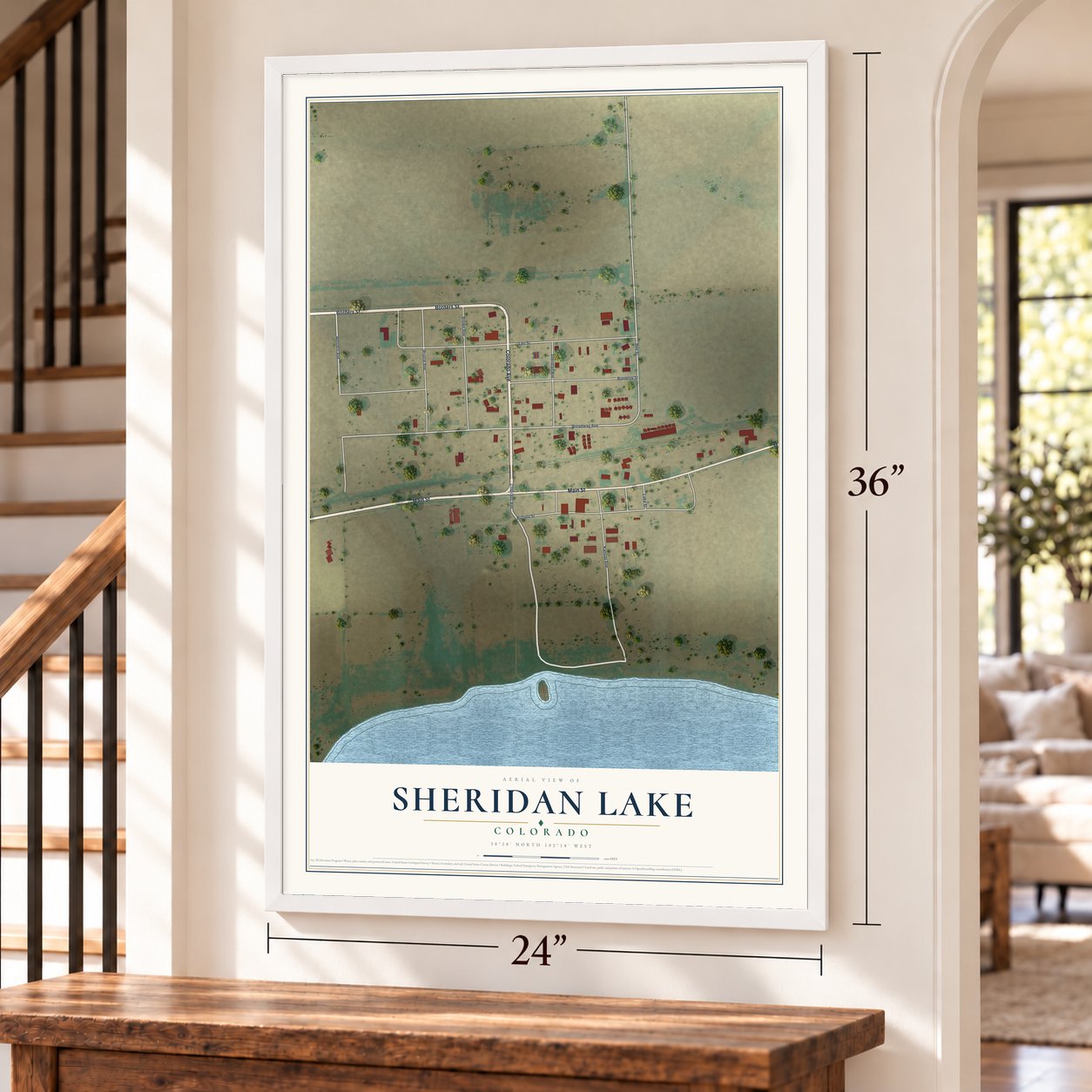 Sheridan Lake, Colorado map, 24 x 36 inch print in a white frame by a staircase