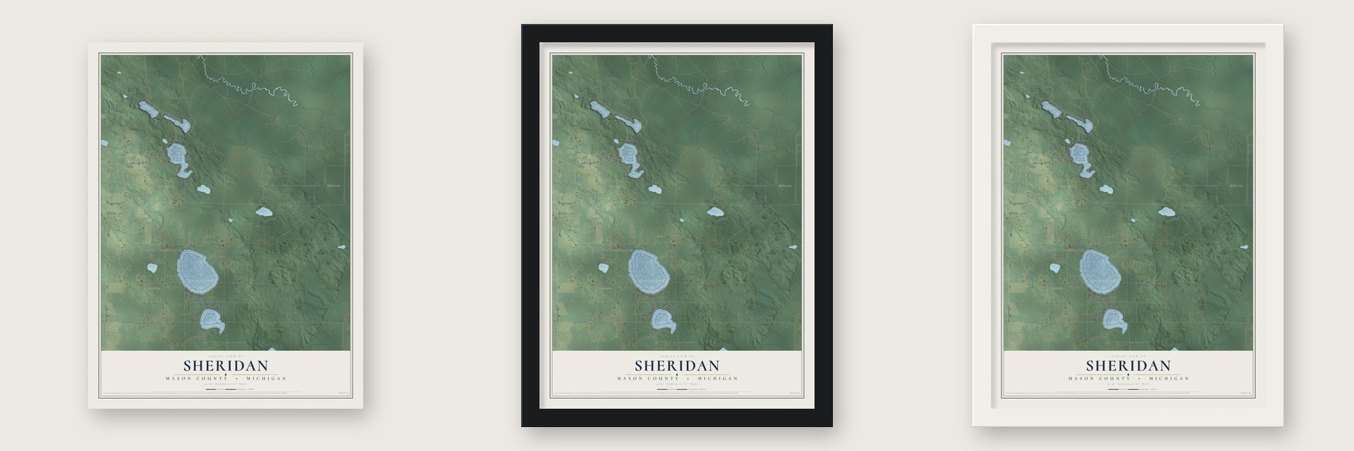 Sheridan, Mason County, Michigan map unframed, in a black wood frame and in a white wood frame