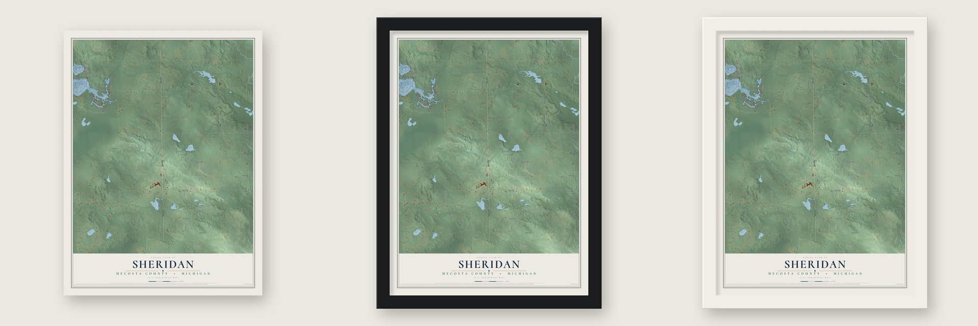 Sheridan, Mecosta County, Michigan map unframed, in a black wood frame and in a white wood frame