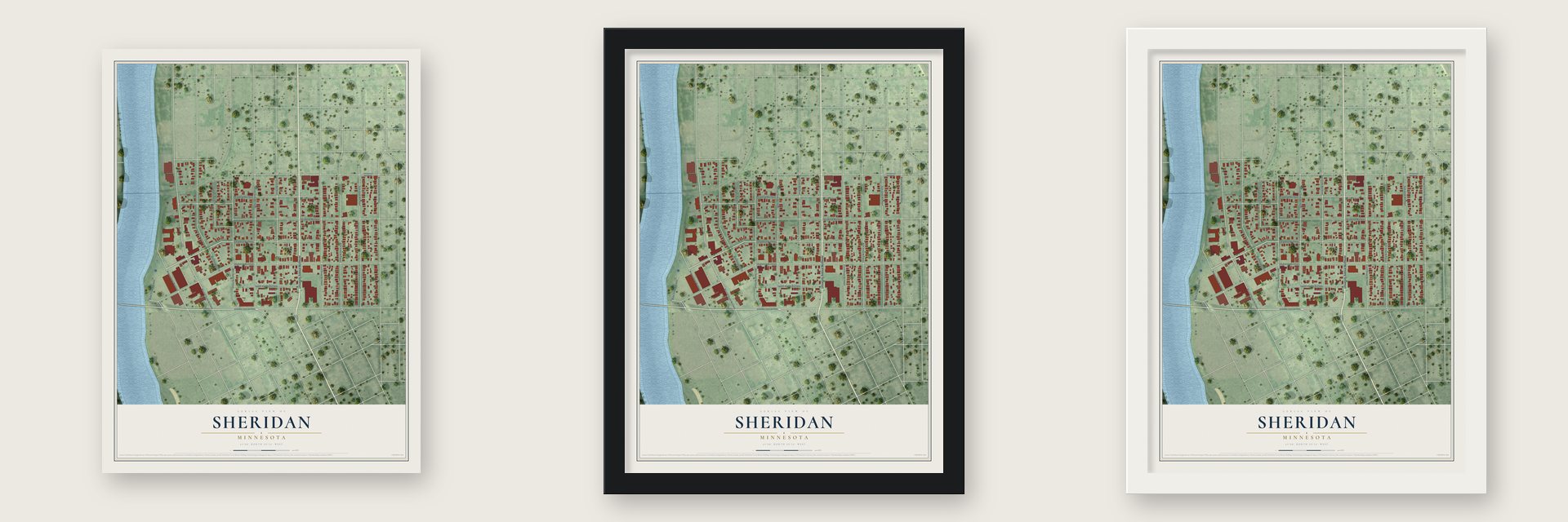 Sheridan, Minnesota map unframed, in a black wood frame and in a white wood frame