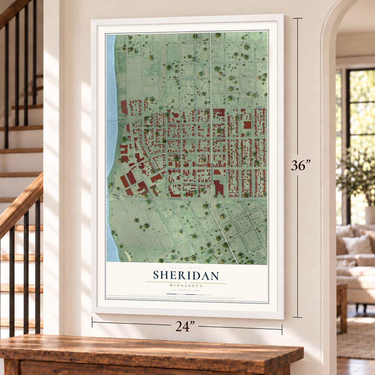 Sheridan, Minnesota map, 24 x 36 inch print in a white frame by a staircase