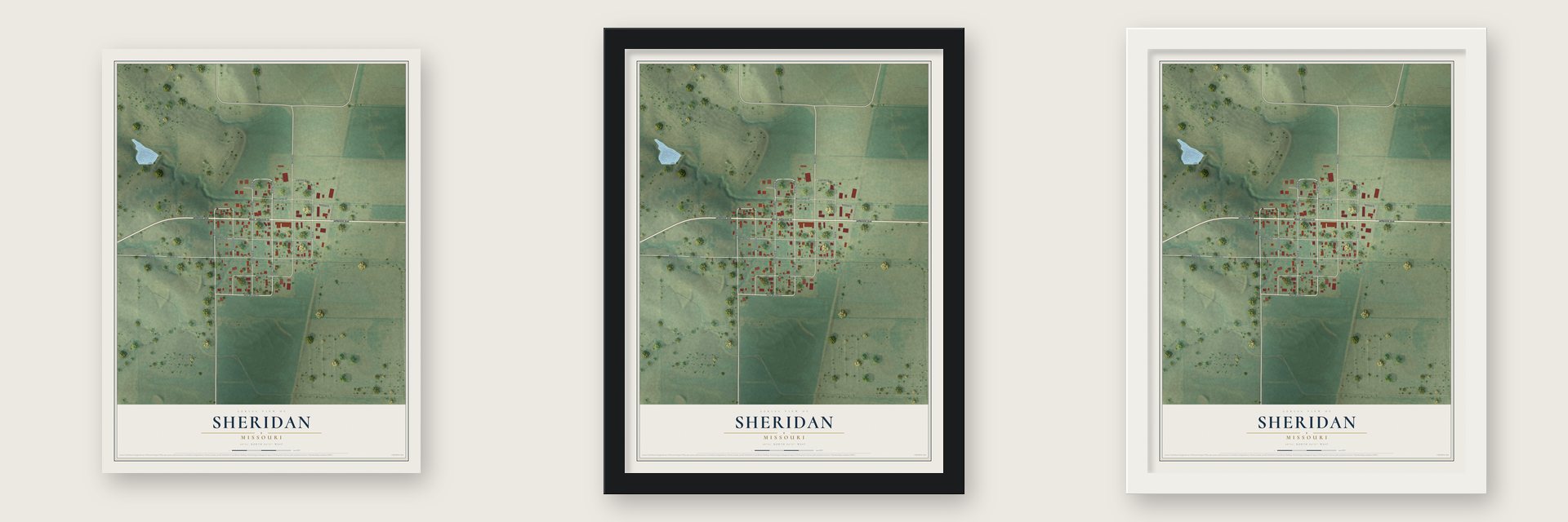 Sheridan, Missouri map unframed, in a black wood frame and in a white wood frame