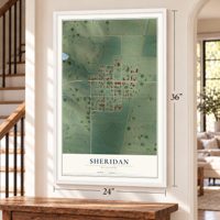Sheridan, Missouri map, 24 x 36 inch print in a white frame by a staircase