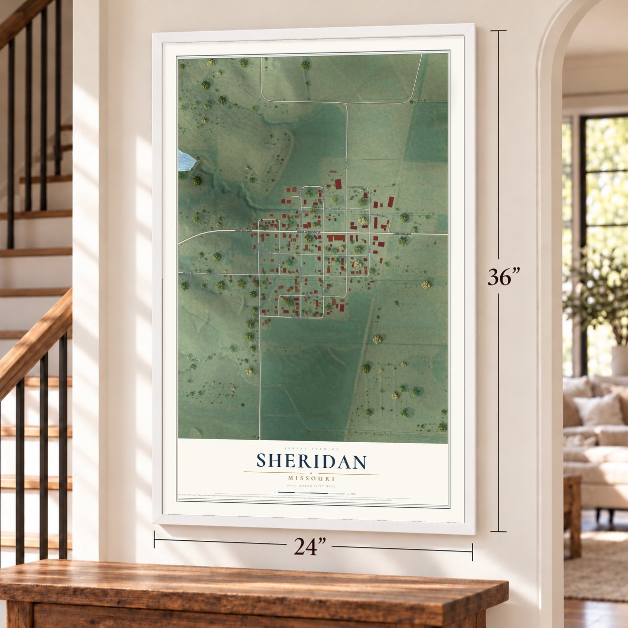 Sheridan, Missouri map, 24 x 36 inch print in a white frame by a staircase