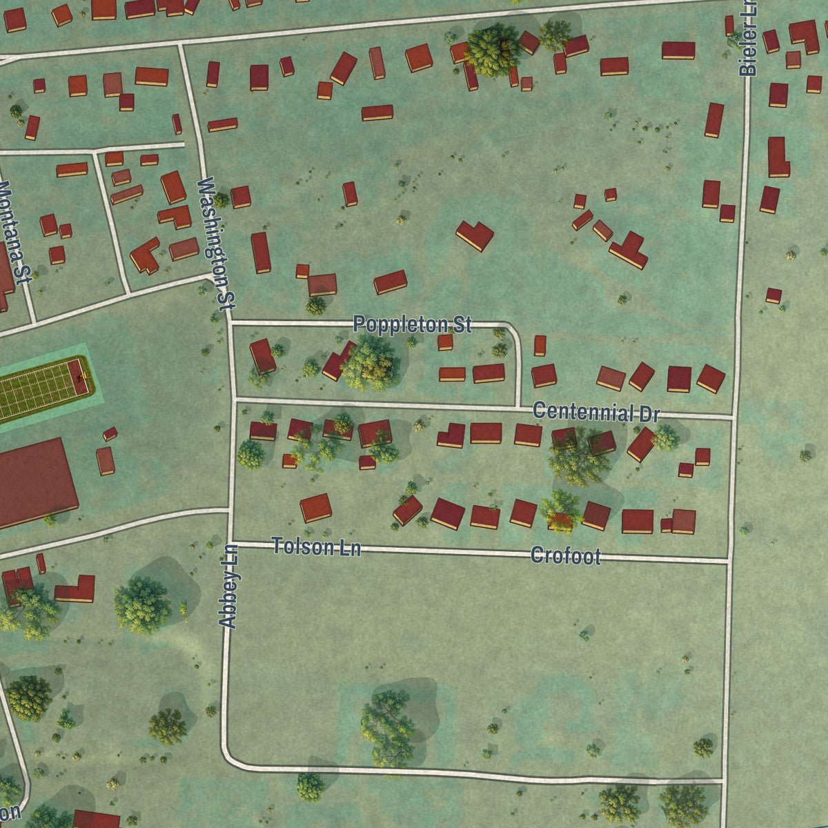 Second close-up of the map of Sheridan, Montana print showing more streets and buildings